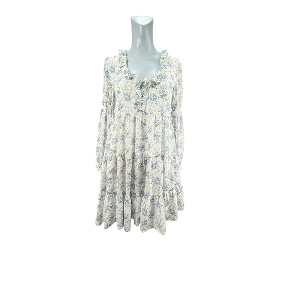 S Storia White Dress W/Purple Floral Print Long Sleeves Ruffled Romantic Cottage - Picture 1 of 9